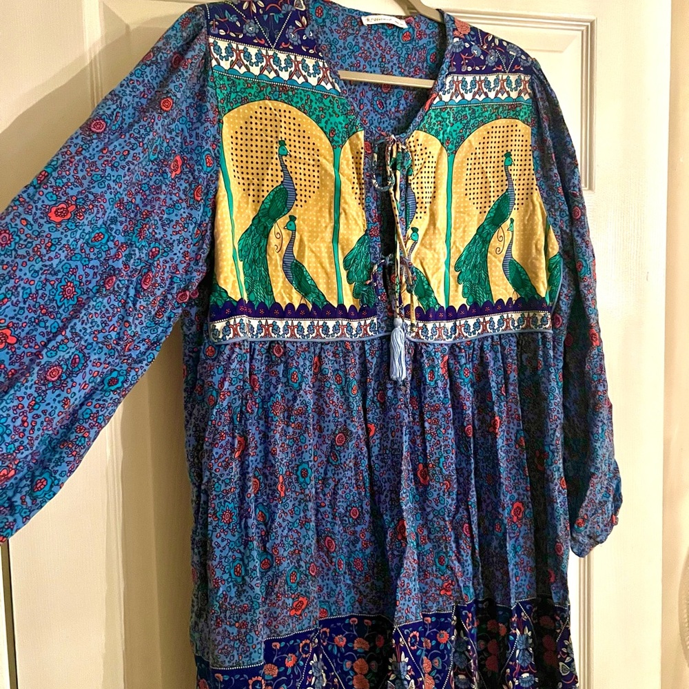 R. Viovimos Peacock BoHo Blue and Green Midi Dress. Sz XXL. Long sleeves.